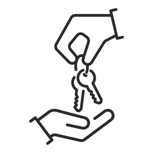A simple black and white line drawing depicting one hand passing keys to another hand below. The handing-over gesture suggests the exchange of keys, possibly representing a transfer of ownership or access.