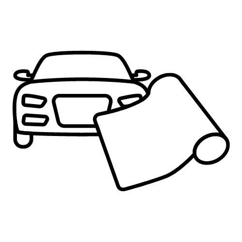 Line drawing of a car with a rolled-up film or wrap partially unrolled over its front. The image likely represents the concept of car wrapping or applying a protective film to the vehicle.